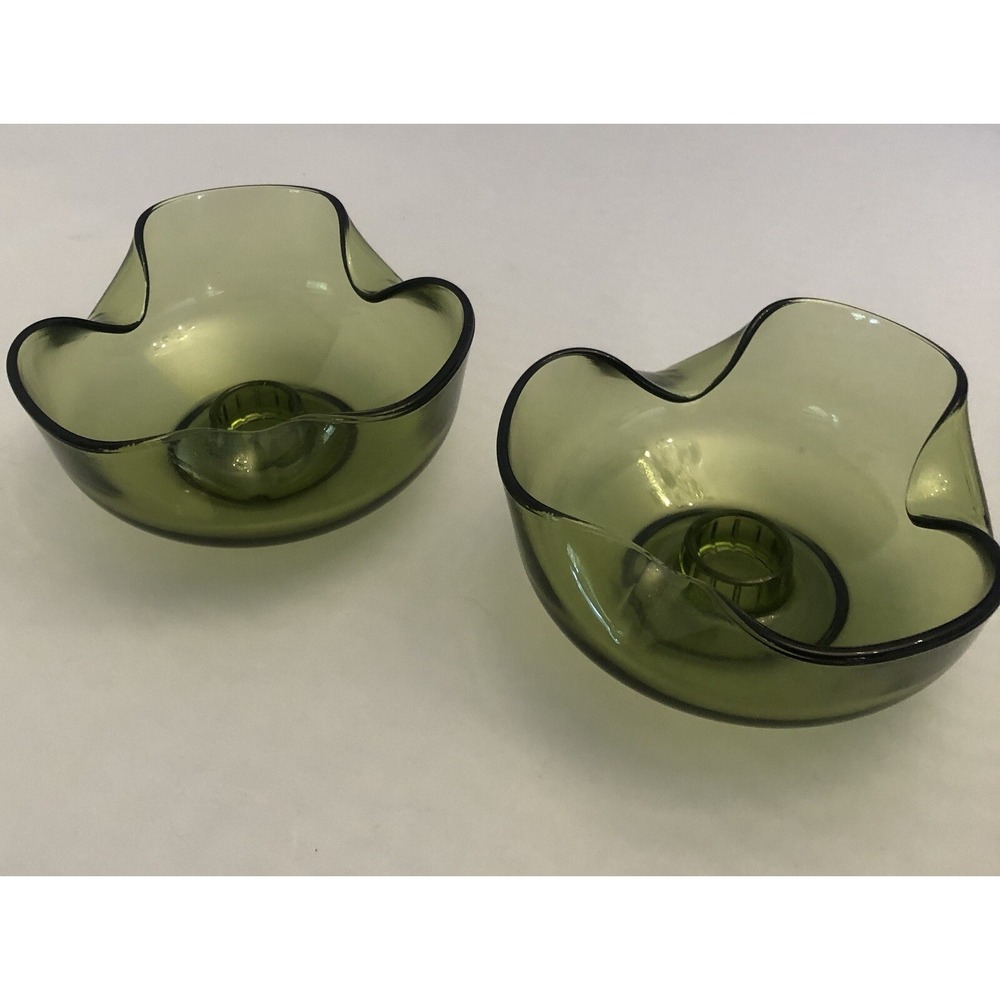 2 Vintage Avocado Green Art Ruffled Wavy Glass Bowl Dish Taper Candle Holders